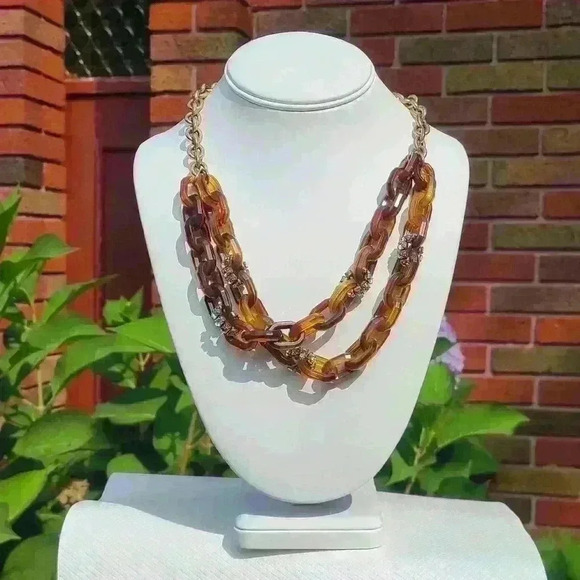 J crew vintage cocktail necklace gold tone brown plastic rhinestones - Picture 4 of 17